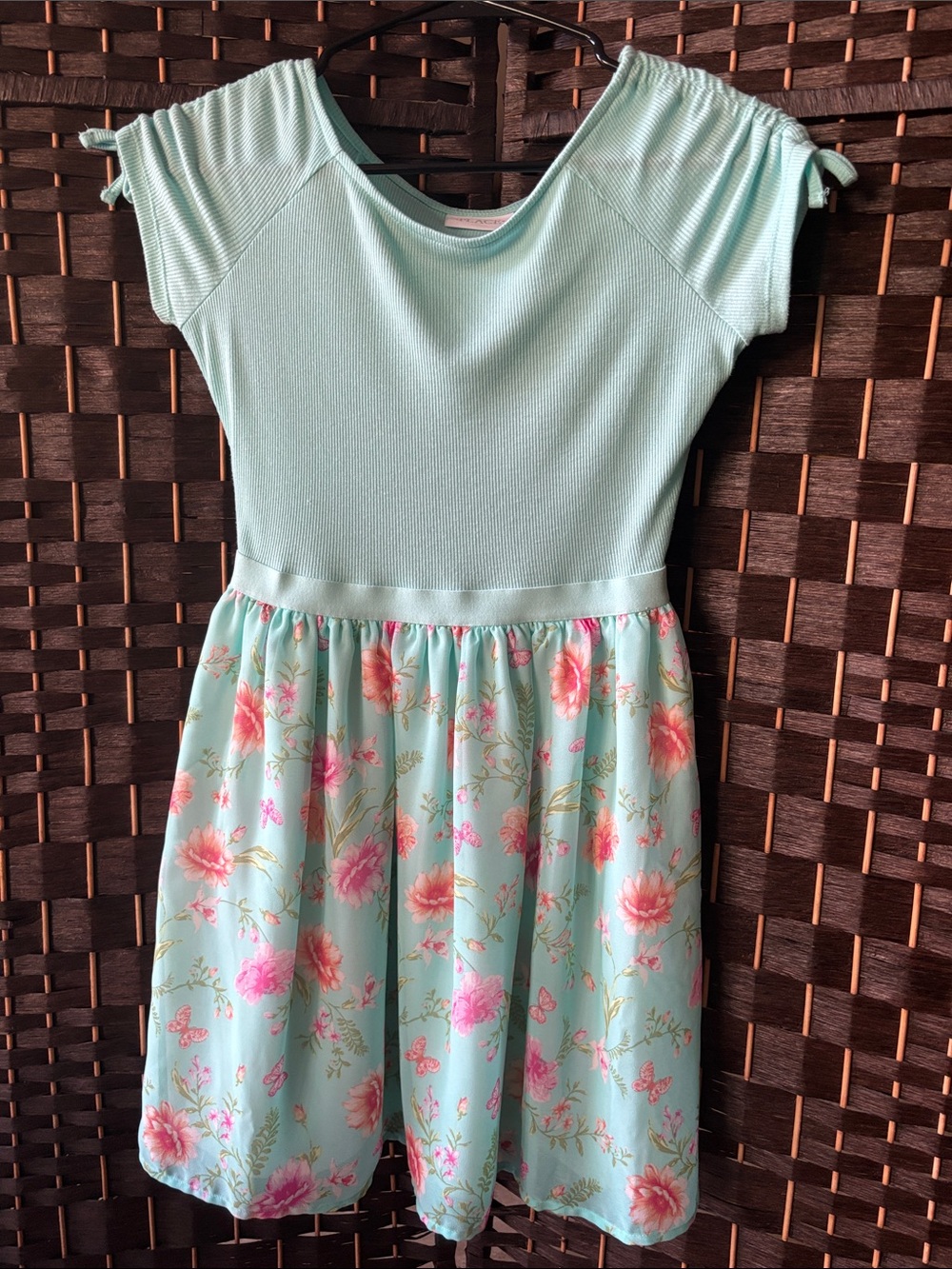 California Mint Floral Waist Dress with Pink Flowers